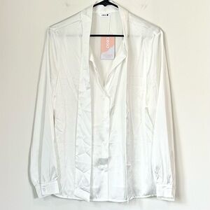 CBOO Elegant Satin White Button-Up Blouse - Size: Medium